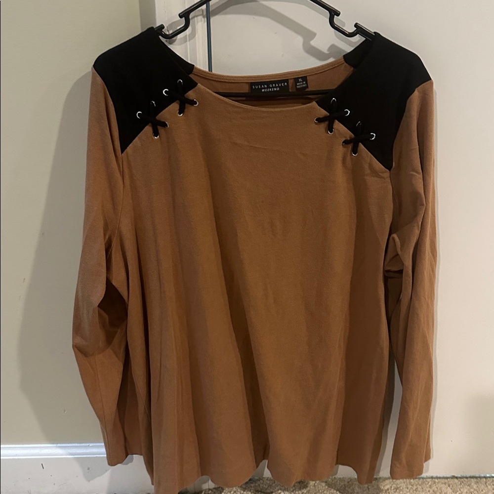 Susan Graver Tan Top with Black Lace-Up Detail